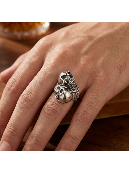 STERLING SILVER MULTI-SKULL RING BIKER-Ž-16 D20.5