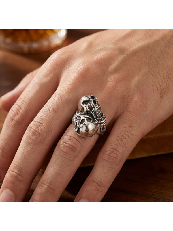 STERLING SILVER MULTI-SKULL RING BIKER-Ž-16 D20.5