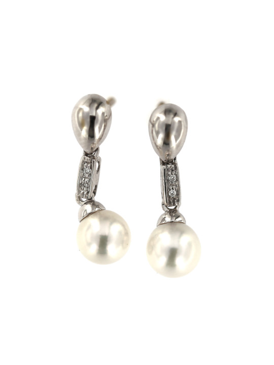 Balto aukso auskarai su perlais ir briliantais BBBR03-03-01