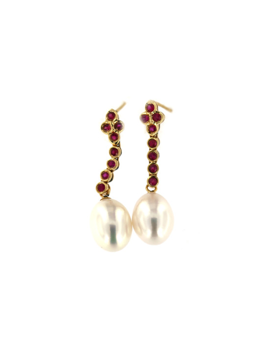 Yellow gold earrings with ruby and pearls BGBR04-02-01